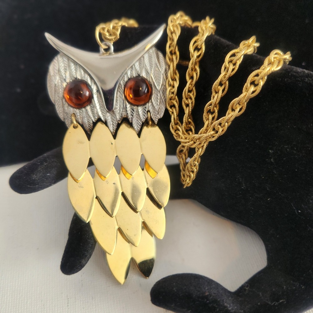 Vintage Articulated Owl Pendant Necklace Gold Silver Tone Amber Eyes Boho‎ large